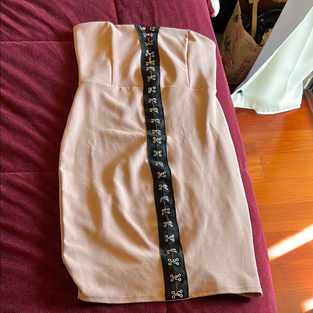 Strapless Beige Dress with Black Embellished Trim